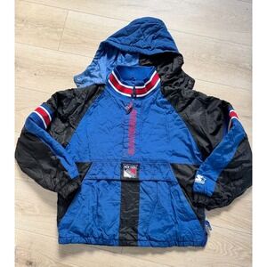 Vintage Starter New York Rangers Hooded Pullover Jacket XL 90s NHL Blue Black